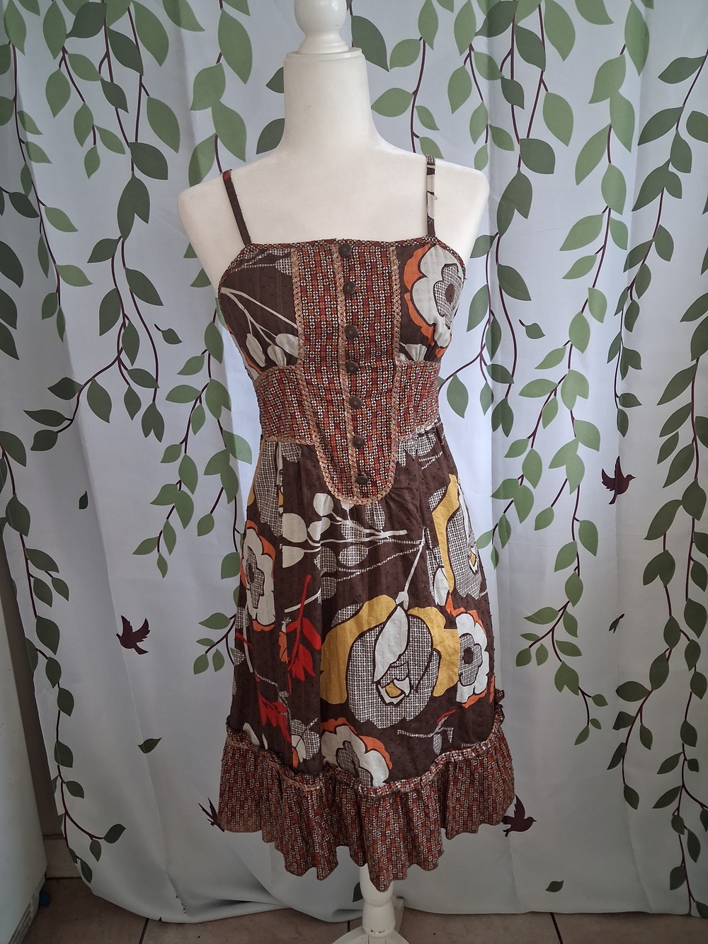kenzie Brown Floral Midi Dress with Yellow, Cream & Orange Accents